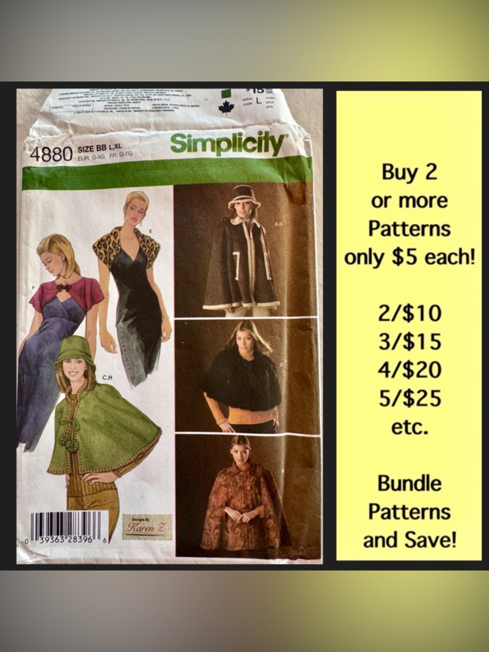 Simplicity 4880 Cape Capelet Shrug Hat Pick-a-Knit Uncut Sewing Pattern (L, XL)